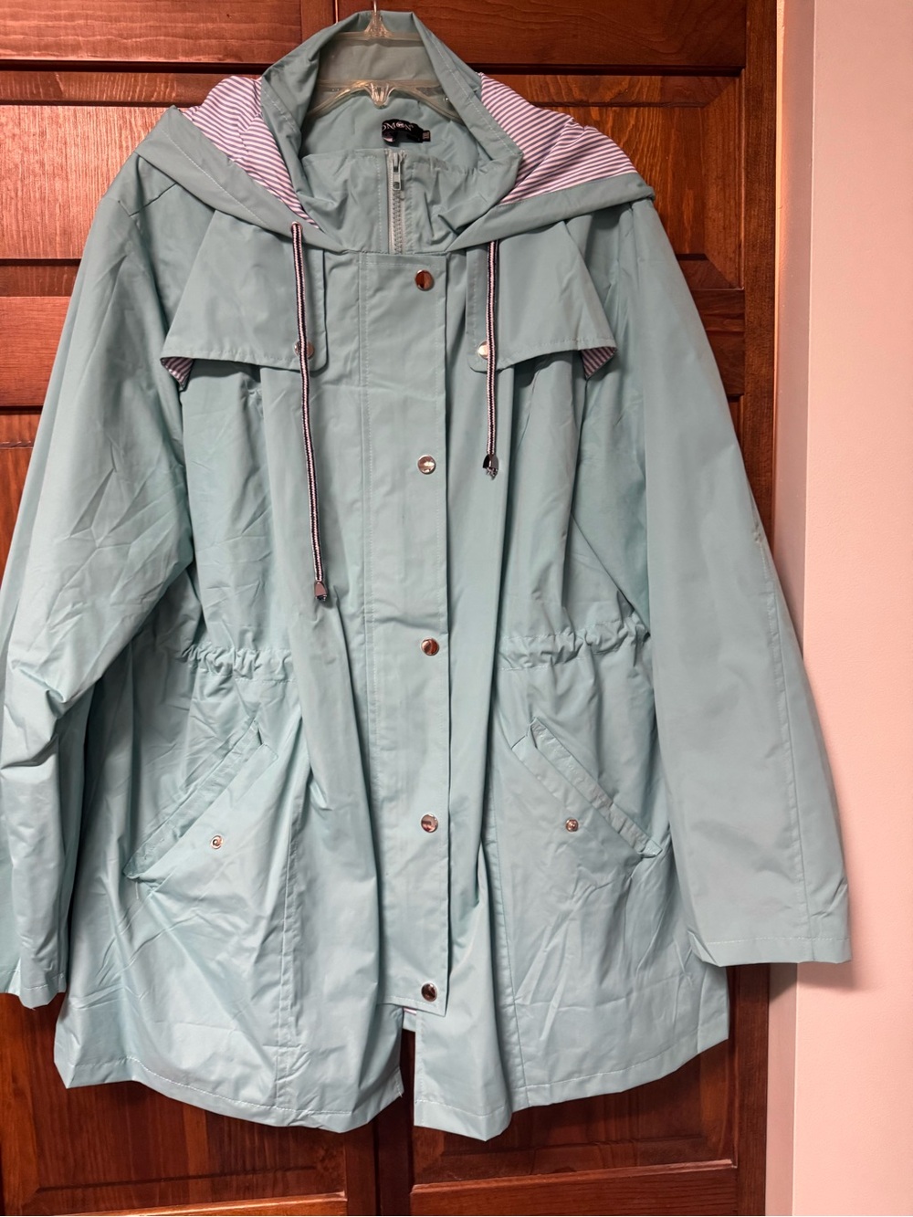 Women's Light Blue Hooded Rain Coat with Drawstring Waist